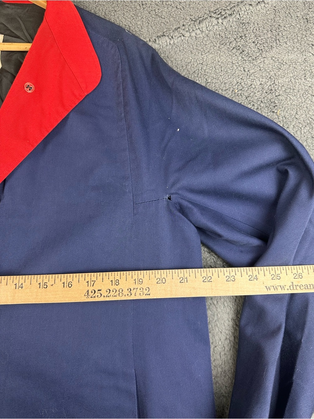 Vintage Aquascutum Aqua 5 Trench Coat Navy Blue Red Collar Made in Canada flaw - Picture 6 of 10